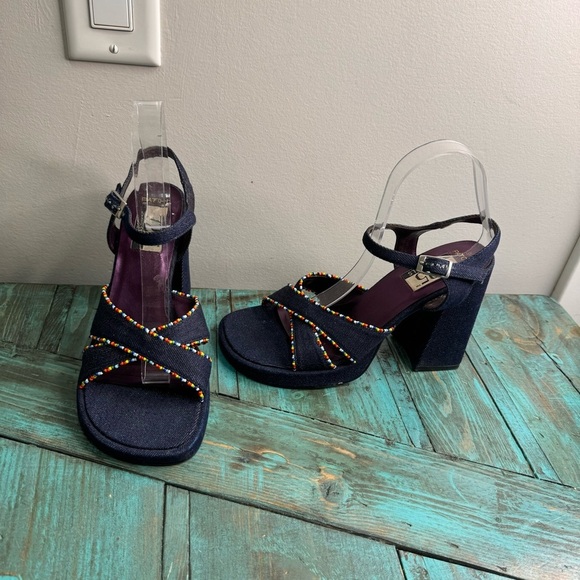 Vintage 725 Originals Denim & Beaded Chunky Platform Sandals Size 8 - Picture 2 of 11